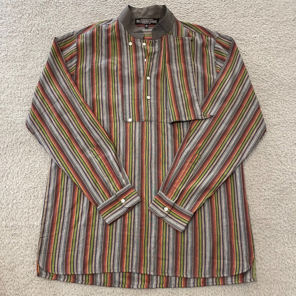 J Peterman Sedona Bib Front Popover Shirt Mens L Stripe Band Collar‎ Cotton